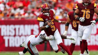 Week 2 Fantasy Flames quarterback: Jayden Daniels vs. Giants (Fantasy Football). Photo by Nathan Ray Seebeck, Imagn Images